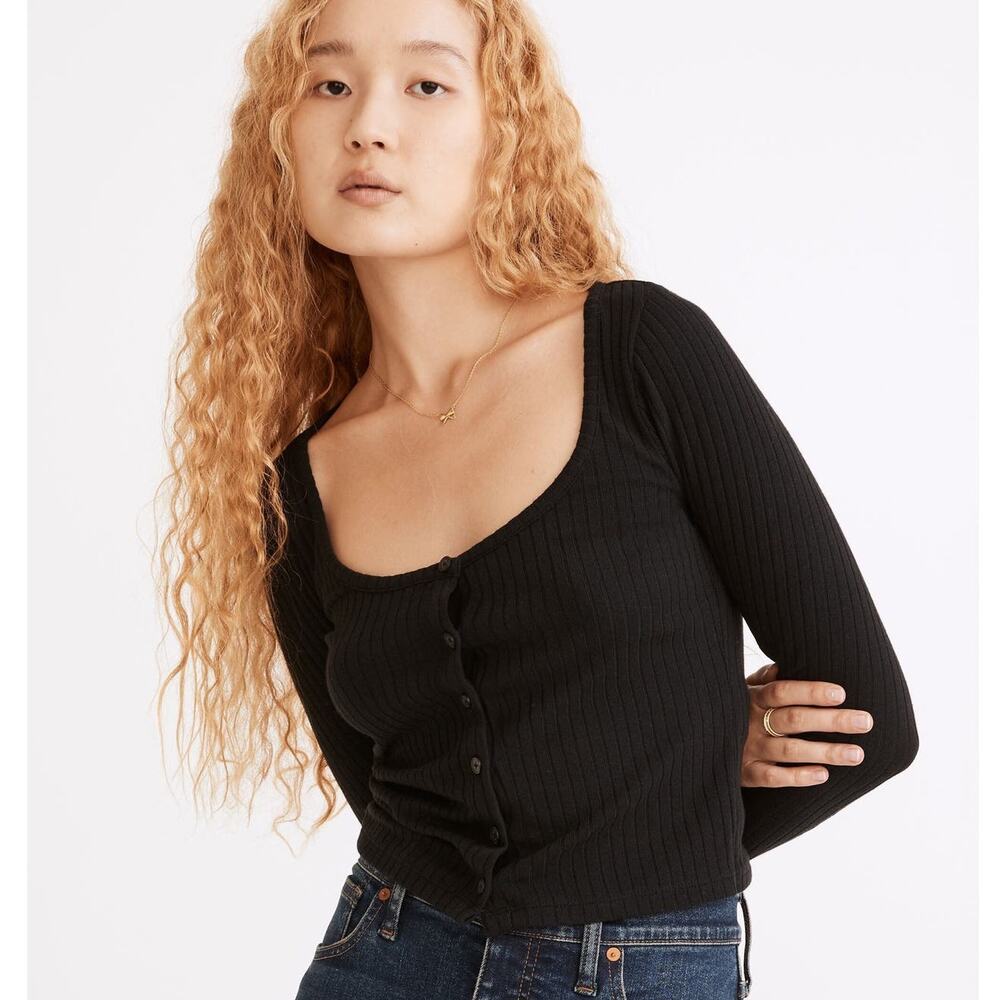Madewell Black Ribbed Button-Front Crop Top